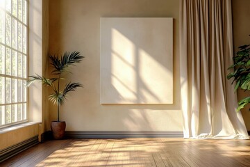 Poster - Bright and Airy Interior Space with Empty Canvas, Large Window, Potted Plant, and Soft Drapes Evoking Calmness and Creativity in Home Environment