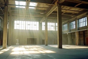 Poster - Sunlight Streaming Through Windows in Abandoned Industrial Warehouse with Concrete Walls and Dust Particles in Air