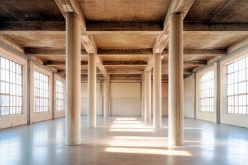 Poster - Spacious industrial interior with concrete pillars and large windows creating natural light ambiance in an empty room
