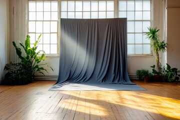 Poster - sunlit studio space with draped gray fabric backdrop and greenery for photography and artistic proje