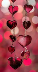Poster - Shimmering Red Hearts Hanging on a String with a Soft Pink and Red Background for Romantic and Festive Decor