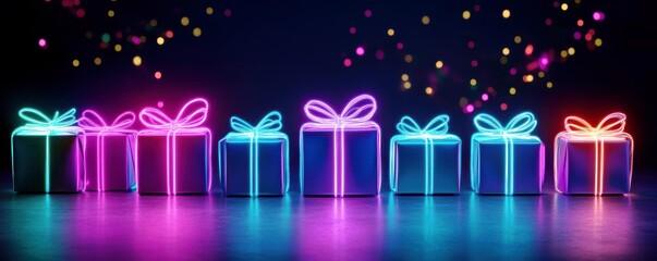 Poster - Neon glowing gift boxes arranged in a colorful light display creating a festive atmosphere for celebrations and holidays in a dark background setting