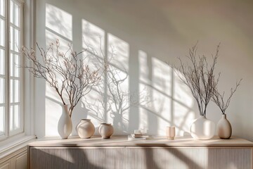 Poster - Elegant Arrangement of Minimalist Vases with Bare Branches Casting Soft Shadows on a Bright Wall in a Sunlit Interior Space