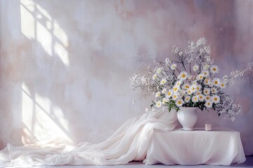 Poster - Elegant White Daisies in a Decorative Vase on a Soft Draped Surface with Gentle Shadows and a Subtle Textured Wall Background for Floral Inspiration