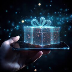 Poster - Digital gift box emerging from smartphone screen, showcasing technological innovation and modern holiday celebrations in a vibrant, futuristic setting