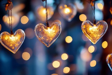 Poster - Gorgeous Glass Heart Ornaments with Warm Glow of Lights on Vibrant Background for Romantic or Festive Decor Use