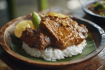 Wall Mural - Delicious Curry with Rice on Banana Leaf