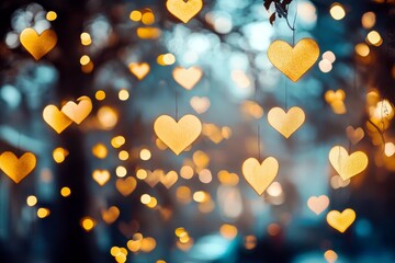 Poster - Softly Illuminated Hearts Floating in a Dreamy Background of Bokeh Lights Creating a Romantic and Whimsical Atmosphere for Celebratory Events