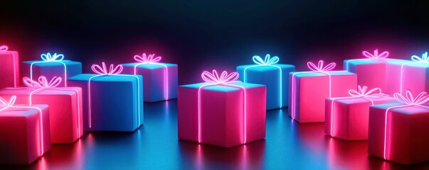 Poster - Colorful Neon Gift Boxes with Bright Ribbons on a Dark Background for Celebrations and Festive Events