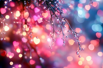 Poster - Shimmering Heart-Shaped Bokeh Background with Delicate Blurred Lights and Sparkling Decor in Vibrant Colors for Romantic and Festive Themes