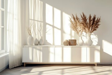Poster - Elegant Modern Interior Setting Featuring White Cabinets, Decorative Vases, and Natural Dried Plants Bathed in Soft Morning Light