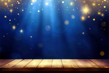 Poster - Glowing Stars and Magical Lights Over Wooden Floor with Soft Blue and Gold Tones for Enchanting Background or Event Decor
