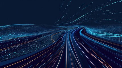 Poster - A captivating abstract image of a highway data pattern featuring a dark blue background, illuminated lines, and dynamic curves suggesting motion and speed.