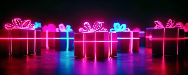 Poster - Neon Gift Boxes with Decorative Ribbons, Glowing Lights and Colorful Reflections in a Dark Setting for Festive Celebrations and Parties