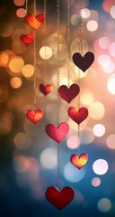 Poster - Colorful Hanging Hearts with Soft Bokeh Background for Romantic and Sweet Celebration Themes, Perfect for Valentine's Day and Love Decor