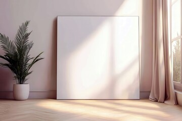 Poster - Bright and Minimalist Indoor Space with Blank Canvas, Potted Plant, and Natural Light from Large Window in a Serene Environment