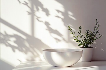 Poster - Minimalist Composition Featuring a White Bowl and a Potted Plant Casting Soft Shadows on a Light Wall for Contemporary Interior Design Aesthetic