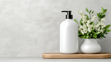 Wall Mural - clean and modern cosmetic bottle with simple design beside plant