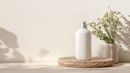 Wall Mural - Minimalist cosmetic bottle on natural surface with flowers