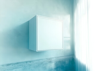 Poster - Modern Minimalist Display Box on wall: a close-up shot captures an isolated minimalist display box or cabinet suspended against a solid backdrop, radiating a serene and contemporary ambiance.