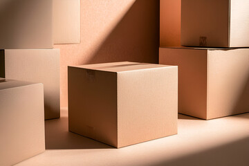 Poster - Cardboard Boxes Arrangement: Various brown cardboard boxes are arranged on a beige surface. Natural light creates shadows on the surfaces, creating a play of light and shadow.