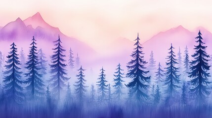 Wall Mural - a serene landscape featuring misty mountains and tall pine trees, with a beautiful gradient of purpl