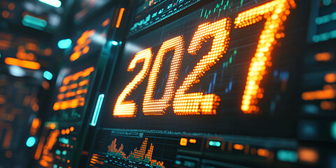 Poster - Year 2027 on a Digital Display: A close-up captures the vibrant glow of the year 2027 displayed on a digital screen with data visualizations and an upward-trending arrow.
