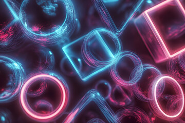 Fototapete - Neon Geometric Abstraction: A captivating digital artwork showcasing vibrant neon shapes, creating a dynamic and futuristic visual.  The interplay of colors,  textures.