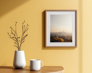 Canvas Print - Luxurious Minimalism: A contemporary, cozy living room with a color palette of deep mustard yellow and soft browns. 