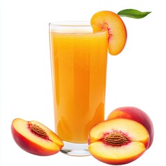 Wall Mural - Glass of peach juice and peaches isolated on white background cutout