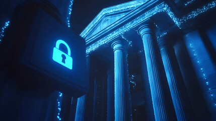 Poster - Digital Fortress: A majestic building, representing a financial institution or government structure, is enveloped in a futuristic digital network with a glowing padlock.