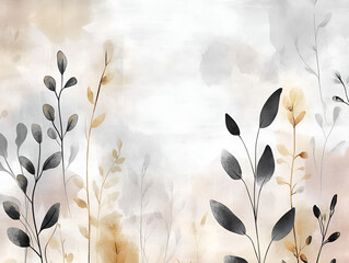 Poster - Whispers of Nature: Delicate watercolor artwork presents elegant botanical elements, leaves and branches, against a muted backdrop creating a sense of calm.