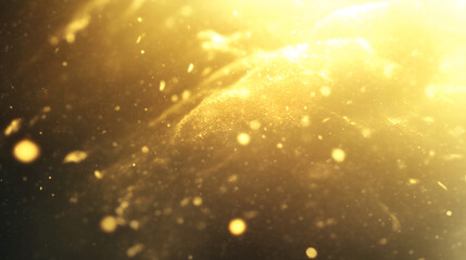 Poster - Golden Cosmic Dust: An abstract, captivating cosmic scene shimmers with radiant golden dust particles, bathed in warm light, conjuring a sense of wonder and the vastness of the universe. 
