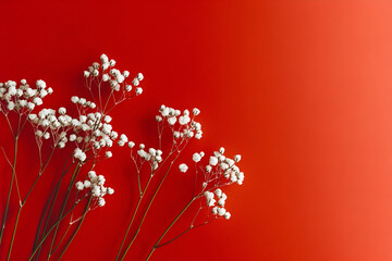 Poster - Delicate Bloom on Crimson Canvas: A cluster of tiny, pristine white flowers gracefully adorns a vivid red backdrop, creating a captivating contrast of textures and colors.