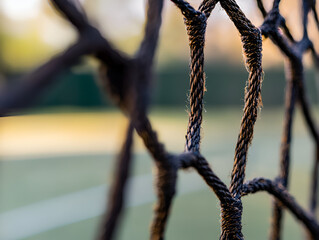 Close-Up on Goal Net: a detailed macro view captures the texture and intricate patterns of a weathered goal net, evoking a sense of anticipation and competition.