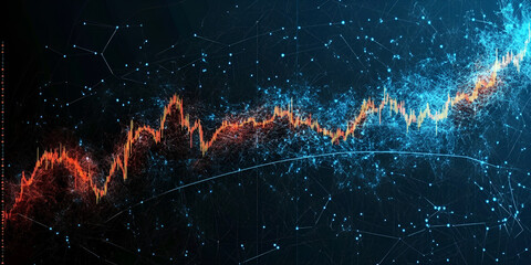 Poster - Dynamic Financial Data: An abstract, digital representation of fluctuating financial data streams across a complex network, illuminating trends with vibrant color gradients.