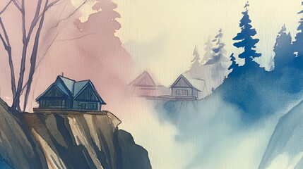 Poster - Serene Mountain Hamlet: Watercolor painting of a tranquil mountain hamlet nestled amidst misty peaks, exuding a sense of peace and isolation.