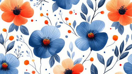 Naklejka na meble Vibrant Floral Pattern with Blue and Orange Flowers on White Background