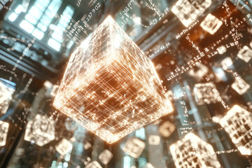 Poster - Digital Data Cube: A futuristic digital data cube levitates within a high-tech environment, glowing with intricate patterns and lines.