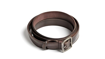 A simple and distinct belt is prominently displayed all alone on a clean, expansive white background. The belt's design, texture, and details are clearly visible, making it a focal point. This unclutt