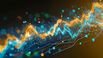 Poster - data visualization: a dynamic visual representation of fluctuating data, with glowing lines and poin