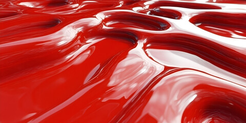 Poster - Liquid Motion: A vibrant, glossy red substance undulates across the frame, showcasing a dynamic texture and captivating visual movement. The abstract surface invites curiosity.