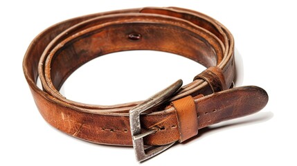 A simple and distinct belt is prominently displayed all alone on a clean, expansive white background. The belt's design, texture, and details are clearly visible, making it a focal point. This unclutt