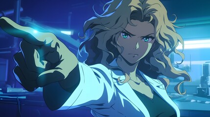 Wall Mural - a beautiful woman with long blonde hair and blue eyes, wearing a white shirt under a navy blazer. sh