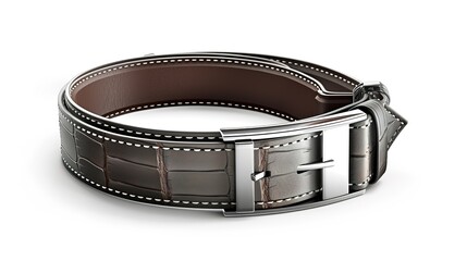 A simple and distinct belt is prominently displayed all alone on a clean, expansive white background. The belt's design, texture, and details are clearly visible, making it a focal point. This unclutt