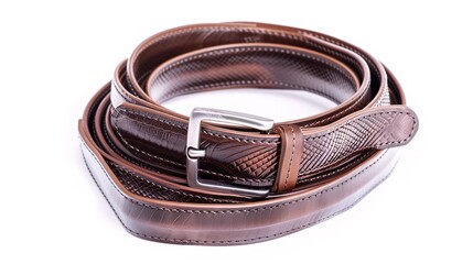 A simple and distinct belt is prominently displayed all alone on a clean, expansive white background. The belt's design, texture, and details are clearly visible, making it a focal point. This unclutt