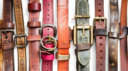 A simple and distinct belt is prominently displayed all alone on a clean, expansive white background. The belt's design, texture, and details are clearly visible, making it a focal point. This unclutt