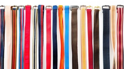 A simple and distinct belt is prominently displayed all alone on a clean, expansive white background. The belt's design, texture, and details are clearly visible, making it a focal point. This unclutt