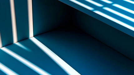 Poster - Geometric Shadows: Abstract composition of vibrant blue surfaces with stark shadows from a window. The interplay of light and form creating depth and dimension.