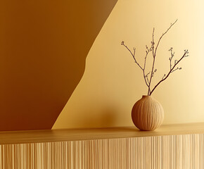 Poster - Minimalist Vase: A minimalist scene featuring a textured vase, holding delicate twigs against a backdrop of warm, contrasting hues, celebrating the beauty of simplicity and elegance.